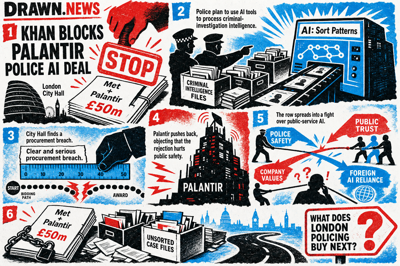 Drawn.News comic: Khan Blocks Palantir Police AI Deal