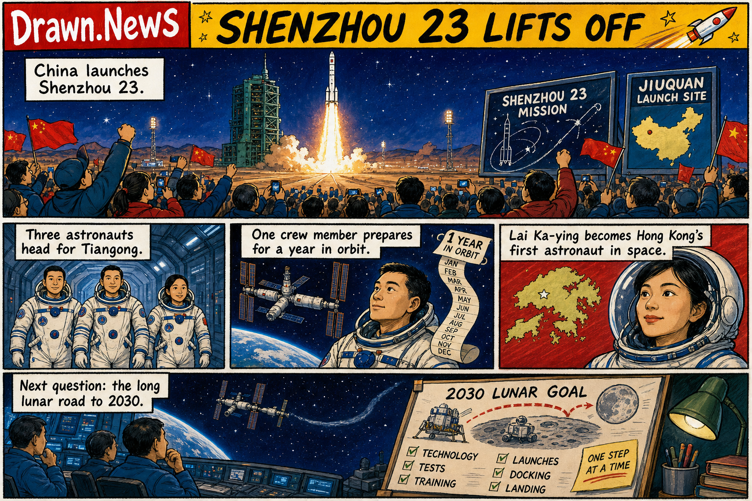 Drawn.News comic: China launches latest Shenzhou mission with 1 of 3 astronauts preparing for a yearlong stay