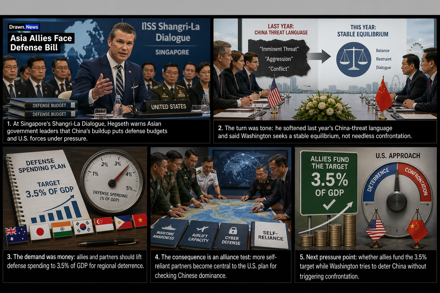 Drawn.News visual brief: Hegseth urges Asian leaders to boost military spending against China