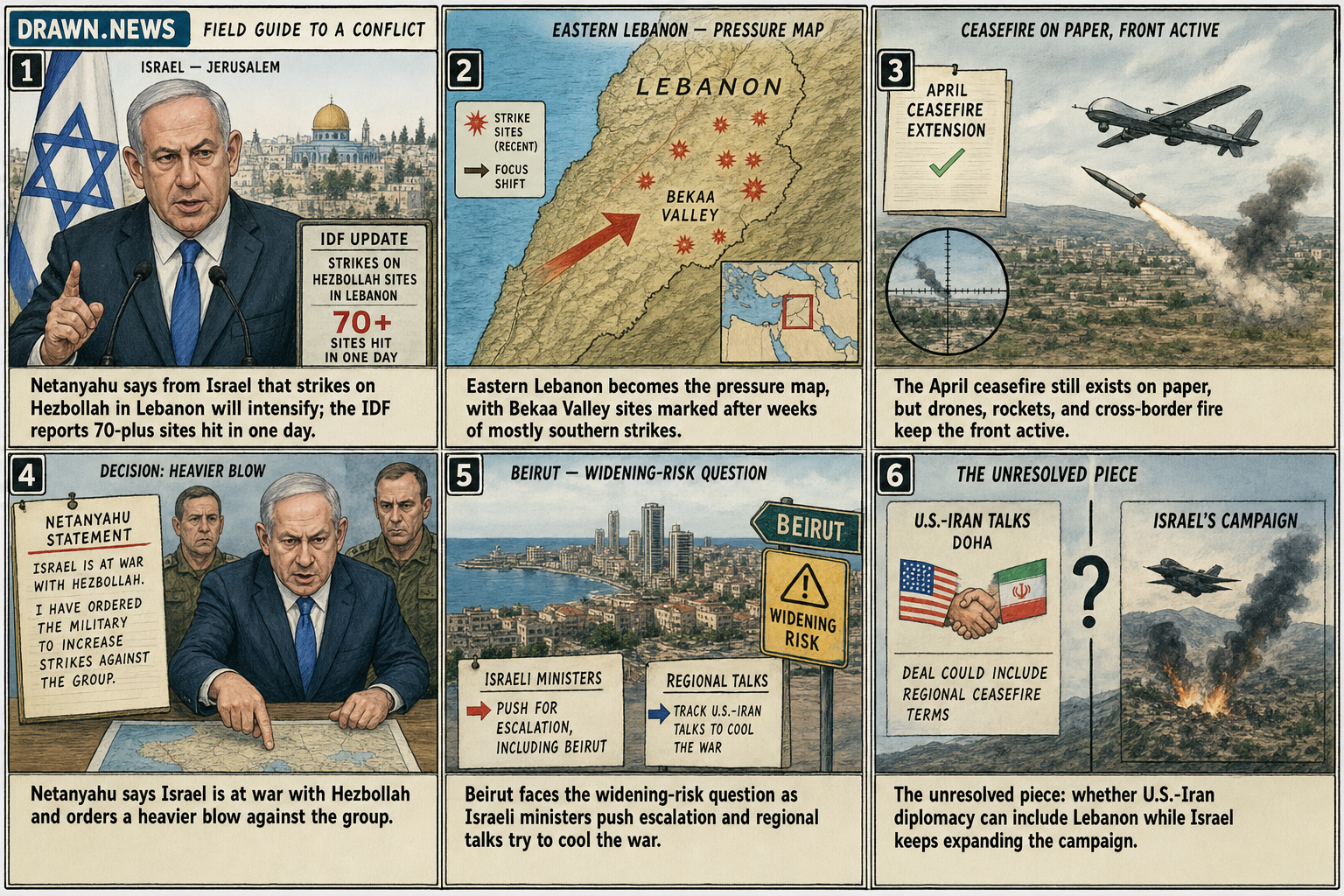 Drawn.News comic: Netanyahu Says Israel Plans to Intensify Attacks on Hezbollah in Lebanon