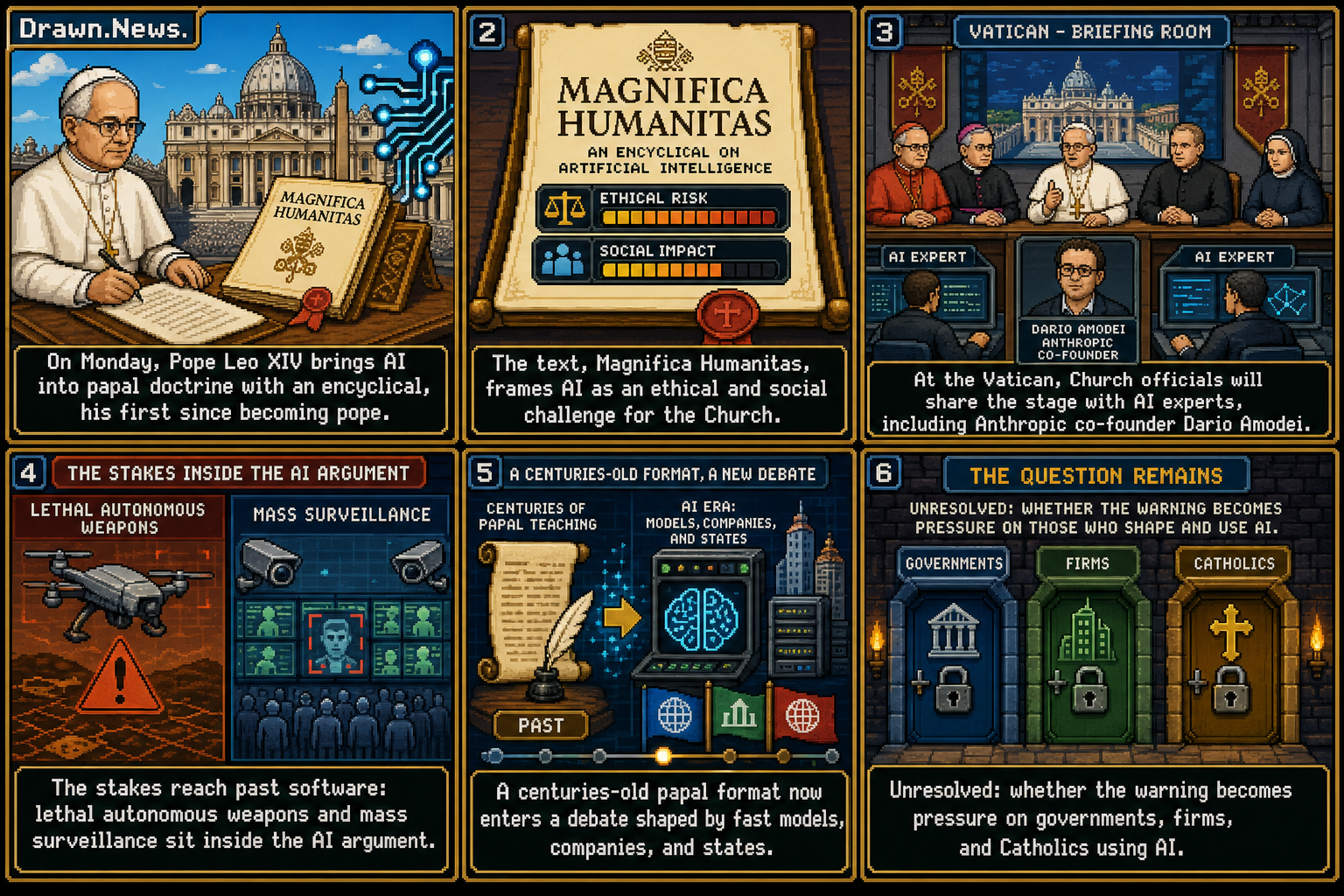 Drawn.News comic: Pope Leo Is Set to Release an Encyclical About A.I. Why Is That Important?