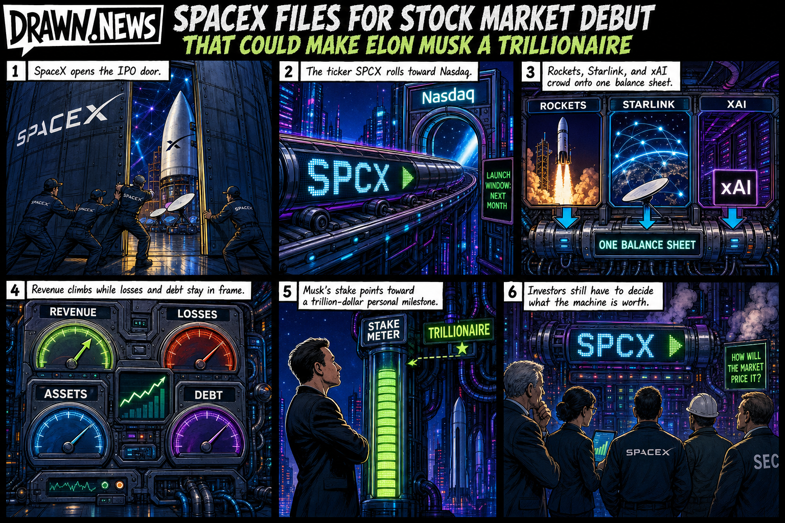 Drawn.News comic: SpaceX files for stock market debut that could make Elon Musk a trillionaire