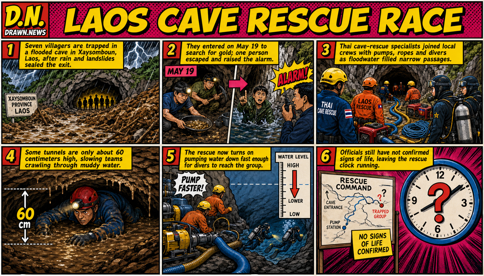 Drawn.News comic: Thai rescuers join effort to free seven people trapped in Laos cave