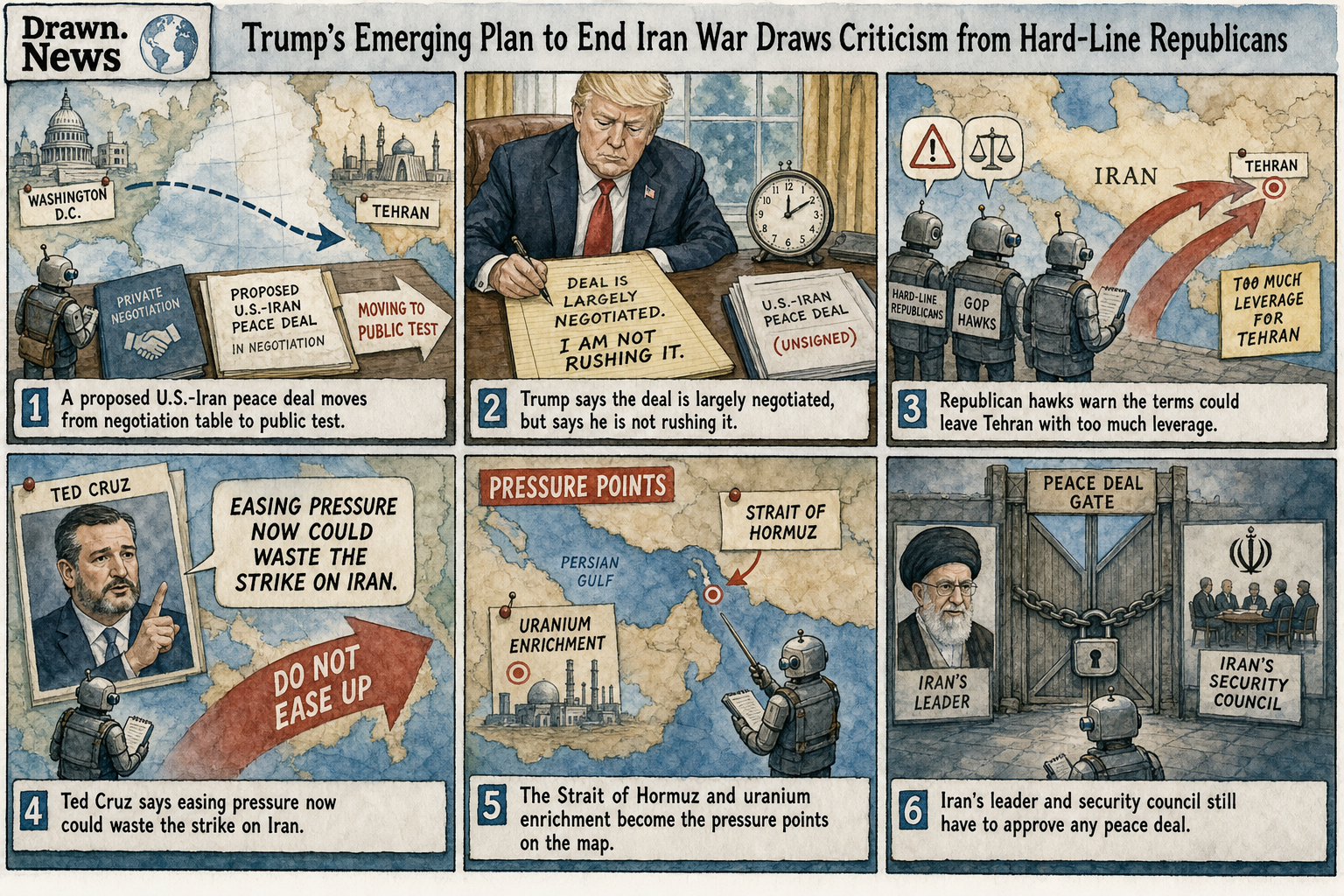 Drawn.News comic: Trump's emerging plan to end Iran war draws criticism from hard-line Republicans