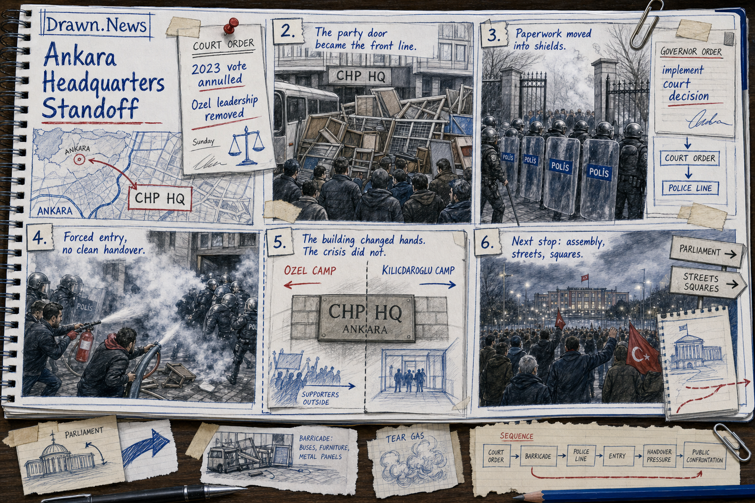 Drawn.News comic: Turkish riot police storm opposition offices after leaders ousted