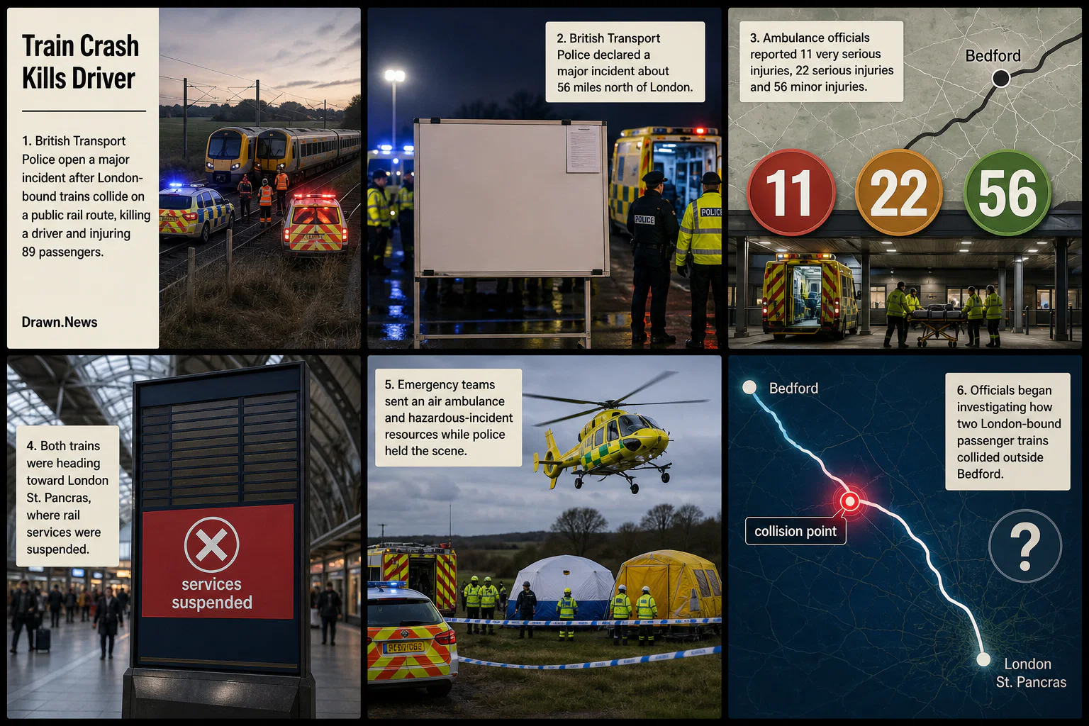Drawn.News visual brief: Train Crash Kills Driver, Injures 89