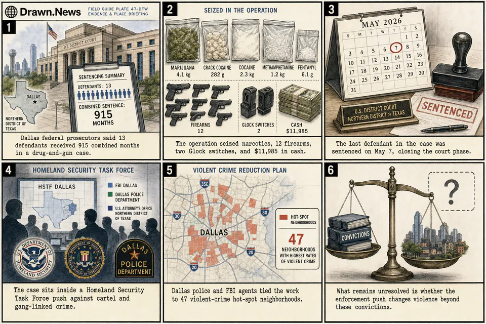 Drawn.News strip: 13 Defendants Sentenced for Serious Drug and Gun Crimes as Part of the Homeland Security Task Force Initiative