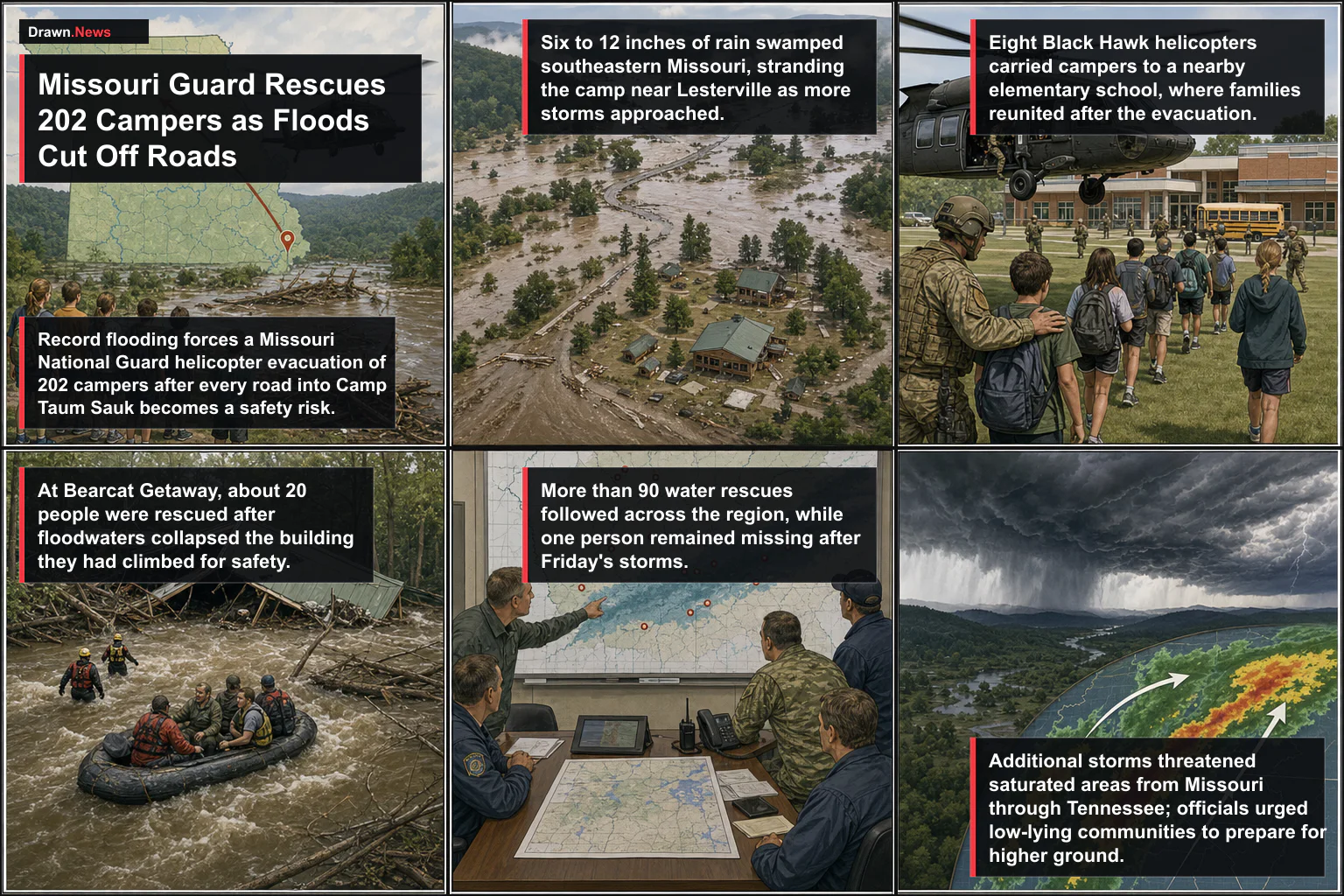 Drawn.News visual brief: Missouri Guard Rescues 202 Campers as Floods Cut Off Roads