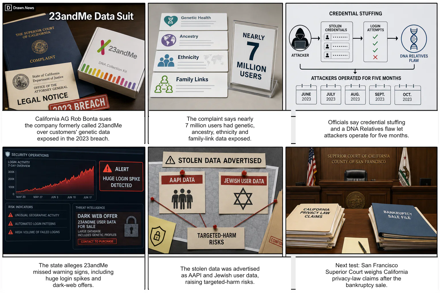 Drawn.News visual brief: 23andMe accused of failing to protect user data in new lawsuit