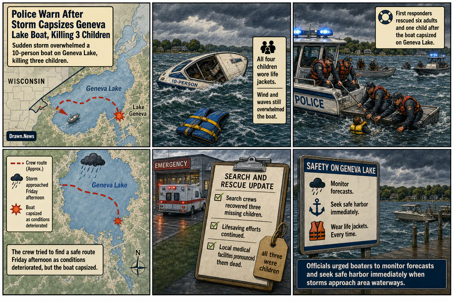 Drawn.News visual brief: Police Warn After Storm Capsizes Geneva Lake Boat, Killing 3 Children