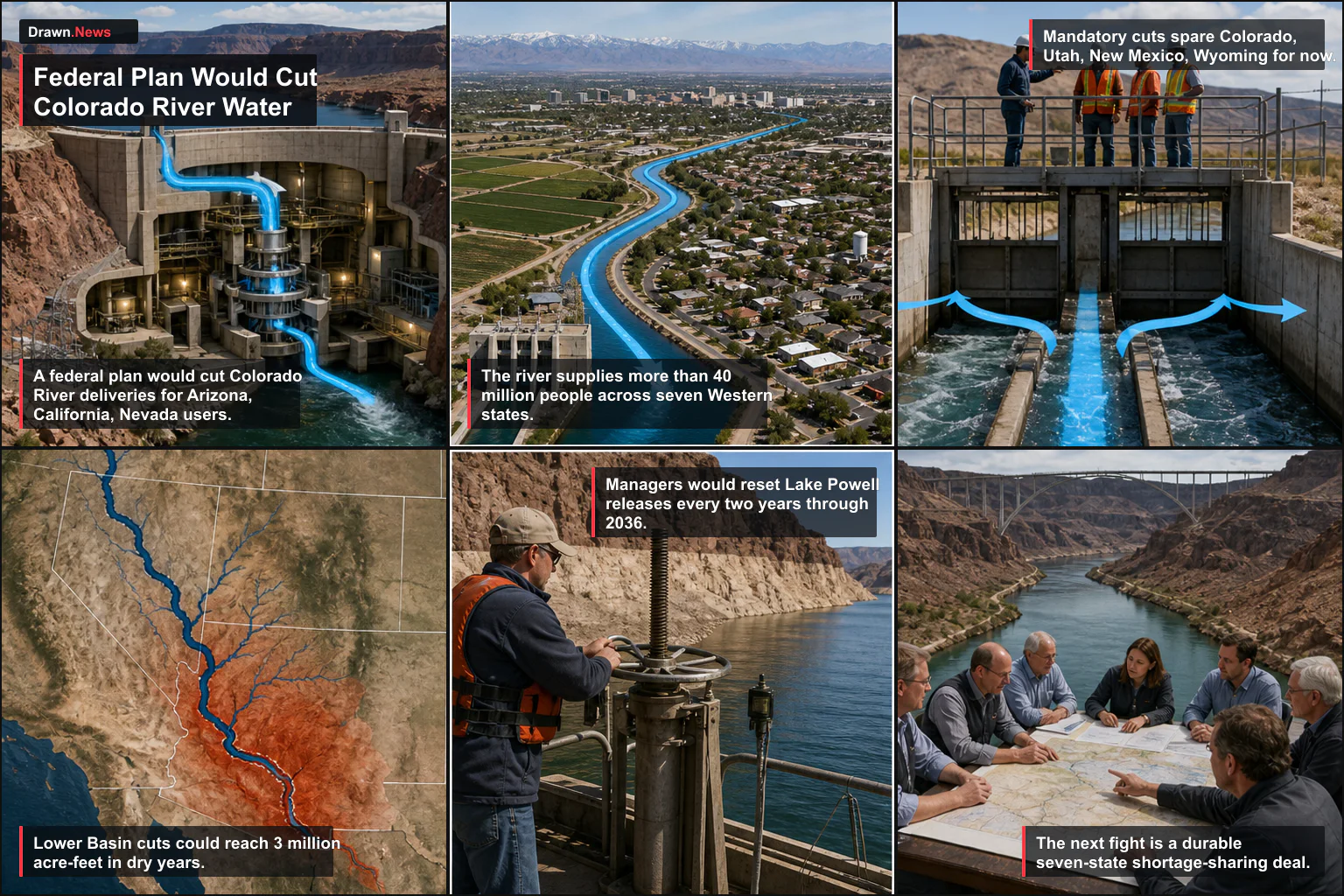 Drawn.News visual brief: Federal Plan Would Cut Colorado River Water for Three States
