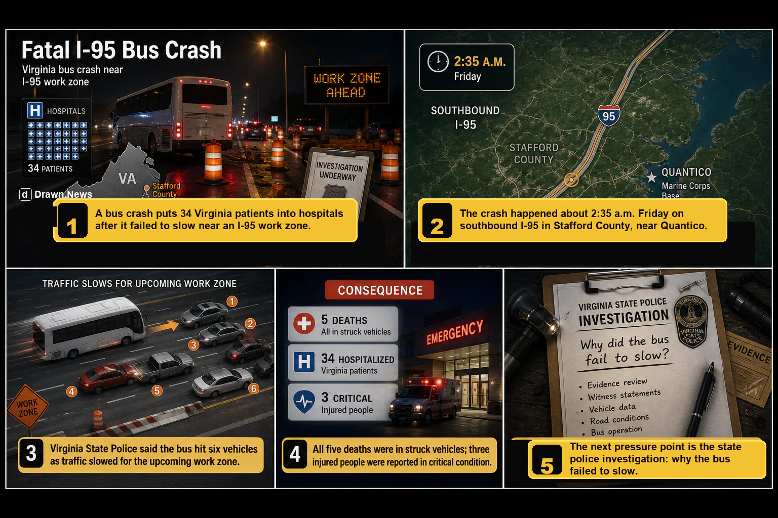 Drawn.News visual brief: 5 dead, dozens injured as bus plows into 6 vehicles in Virginia