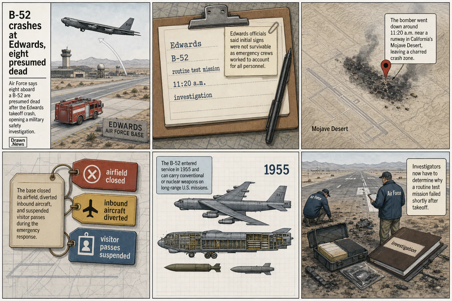 Drawn.News visual brief: B-52 crashes at Edwards as Air Force says eight presumed dead