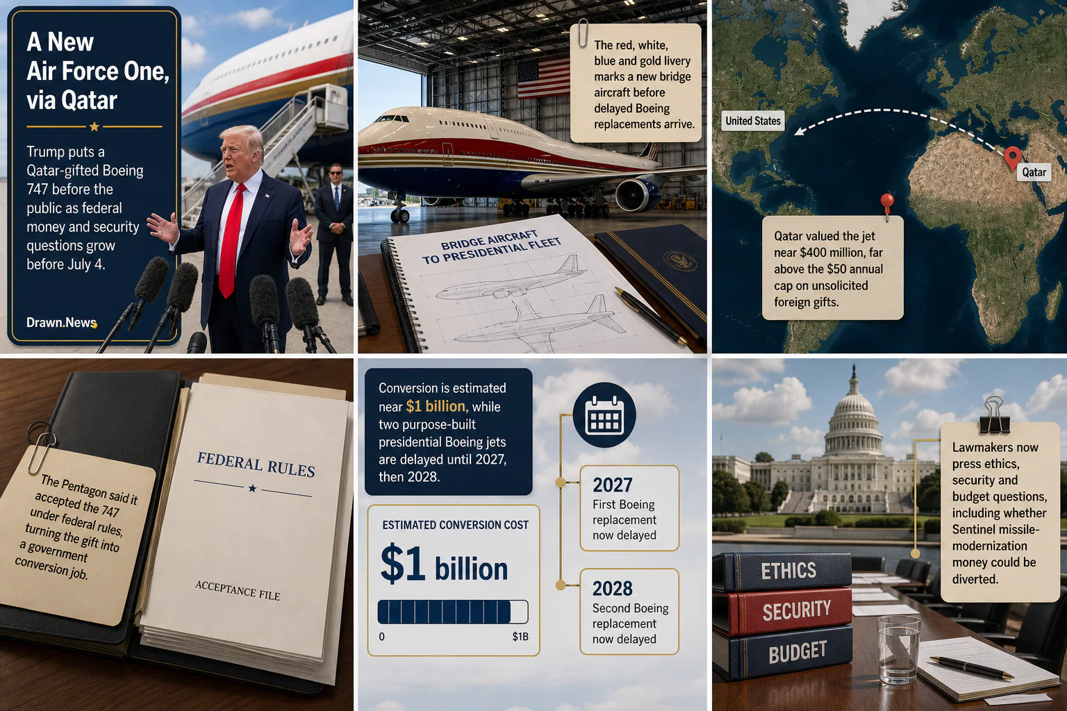 Drawn.News visual brief: A New Air Force One, via Qatar, Nears Its First Presidential Flight
