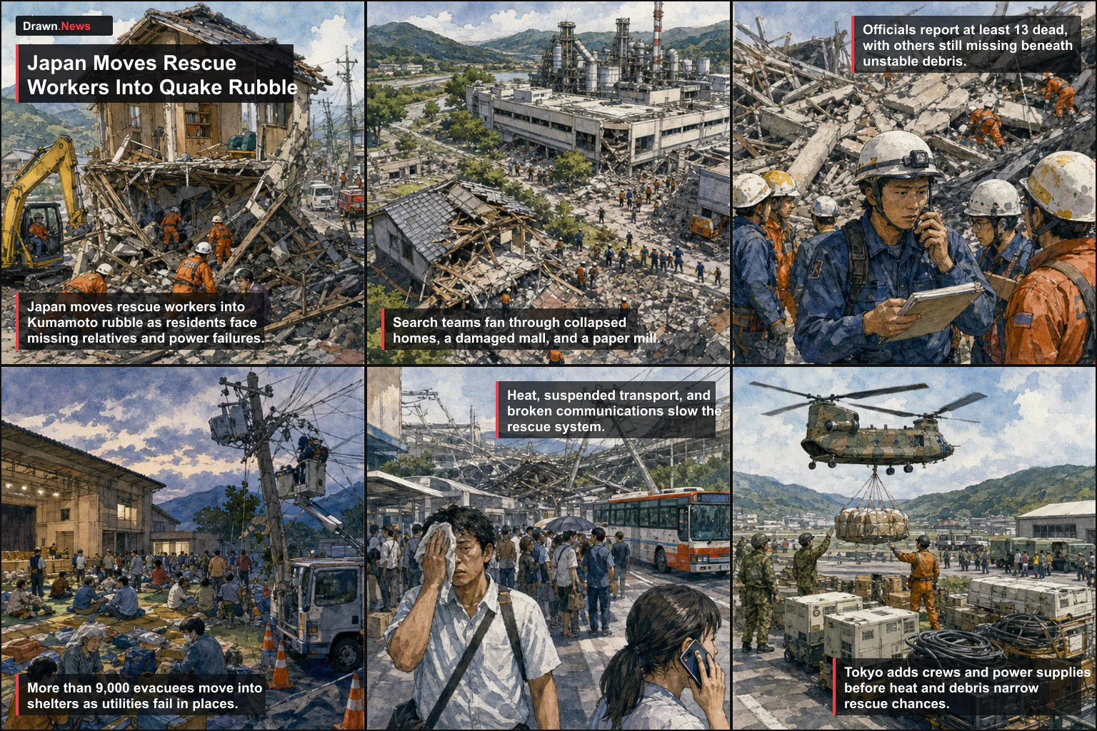 Drawn.News visual brief: Japan Moves Rescue Workers Into Deadly Kumamoto Quake Rubble