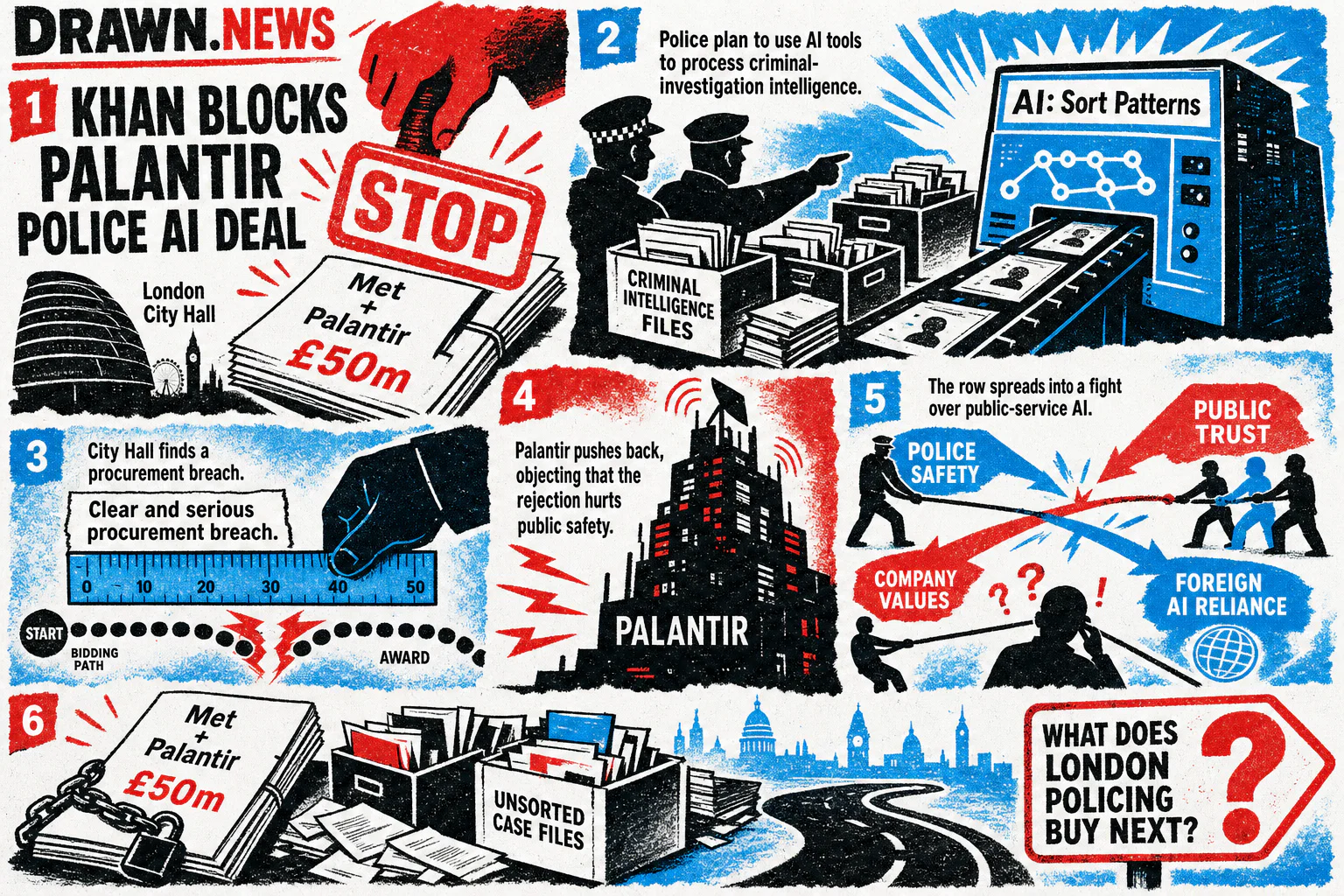 Drawn.News visual brief: Khan Blocks Palantir Police AI Deal