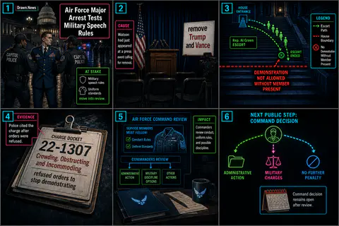 Drawn.News visual brief: Capitol Police Arrest Air Force Major, Testing Military Speech Rules