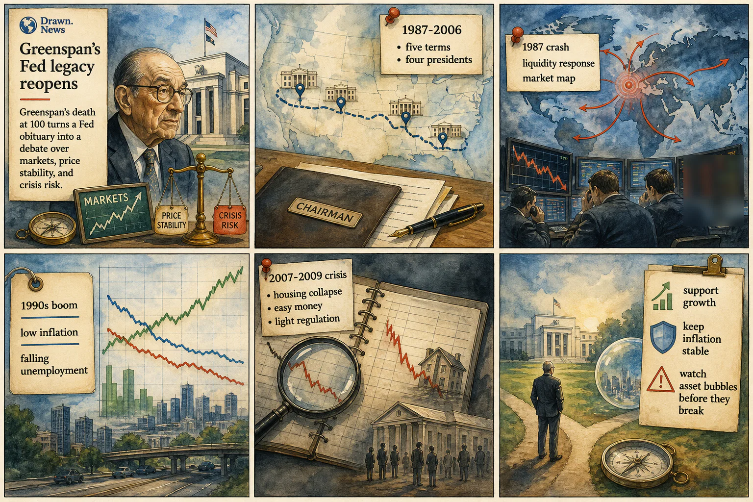 Drawn.News visual brief: Alan Greenspan, the legendary former Federal Reserve chair, dies