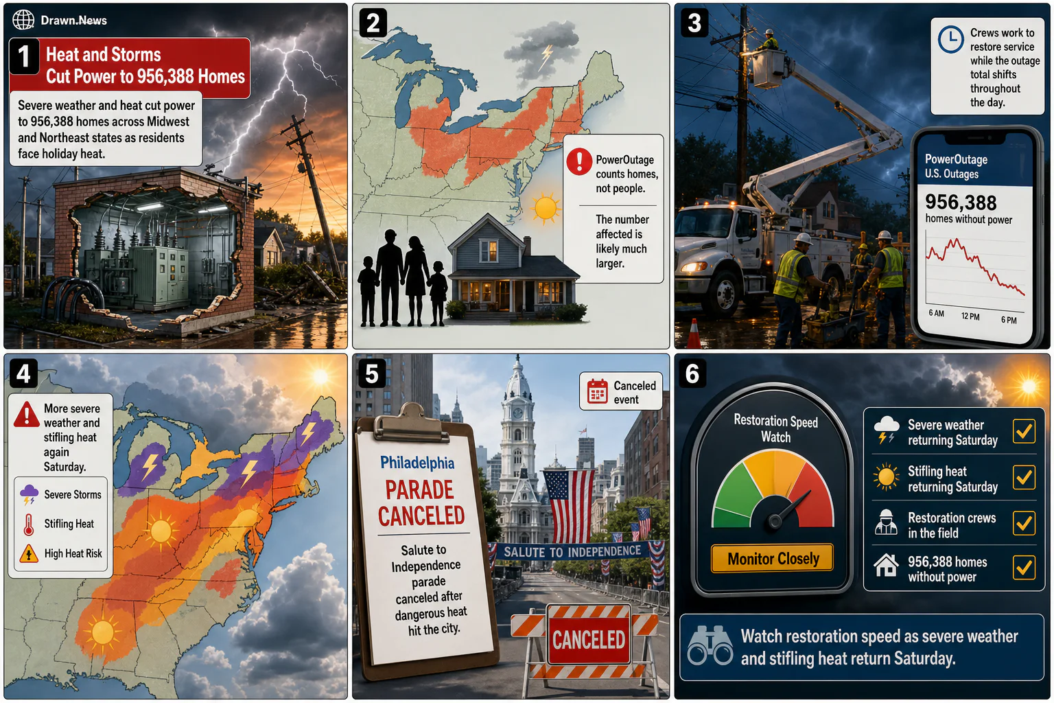 Drawn.News visual brief: Severe Weather and Heat Cut Power to 956,388 U.S. Homes