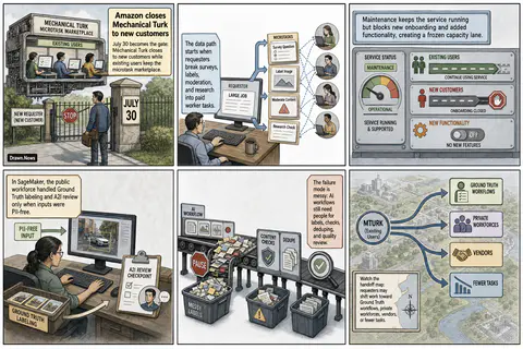 Drawn.News visual brief: Amazon Closes Mechanical Turk to New Customers