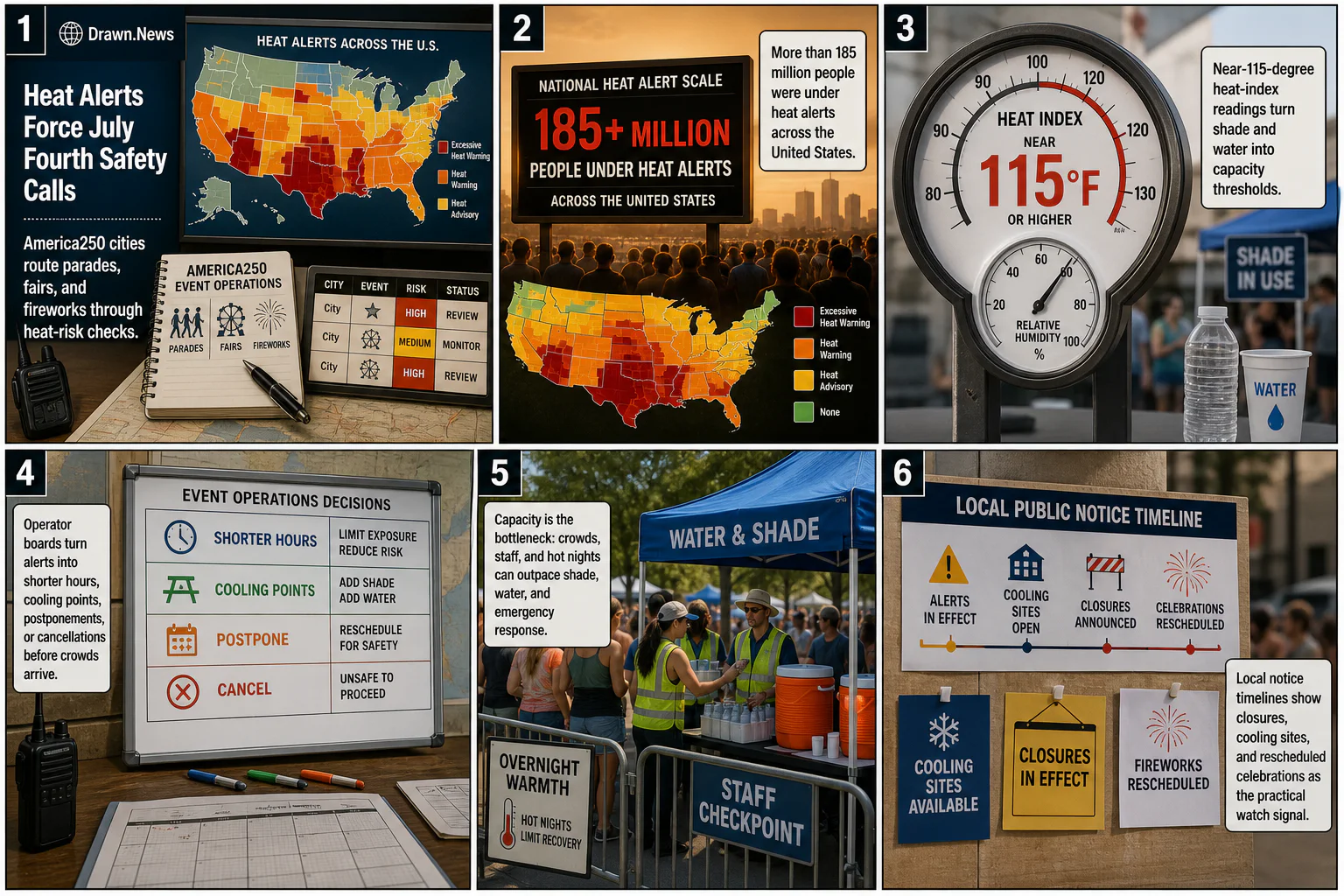 Drawn.News visual brief: Heat Alerts Force July Fourth Safety Calls