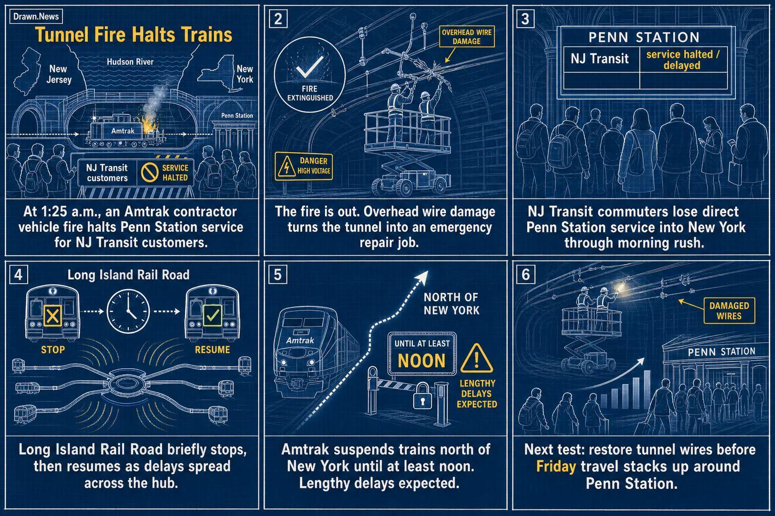 Drawn.News visual brief: Amtrak fire suspends Penn Station service for NJ Transit commuters