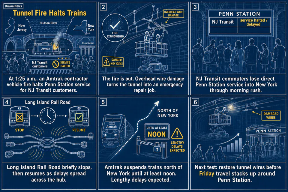 Drawn.News visual brief: Amtrak fire suspends Penn Station service for NJ Transit commuters
