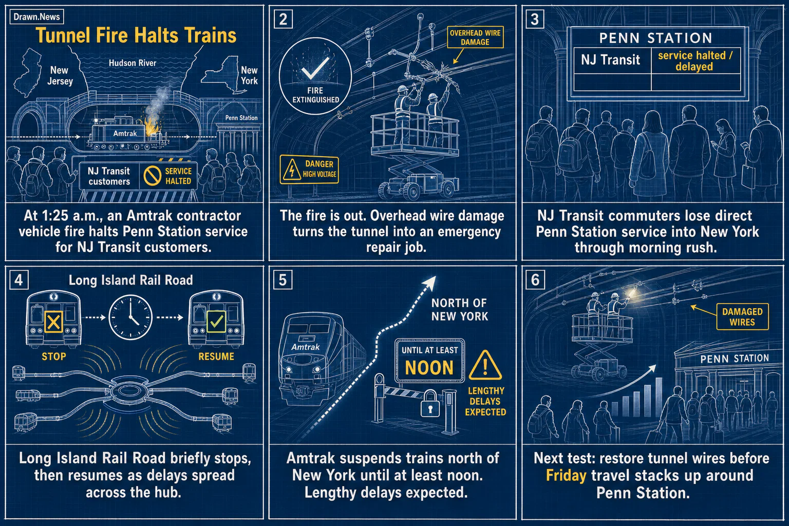 Drawn.News visual brief: Amtrak fire suspends Penn Station service for NJ Transit commuters
