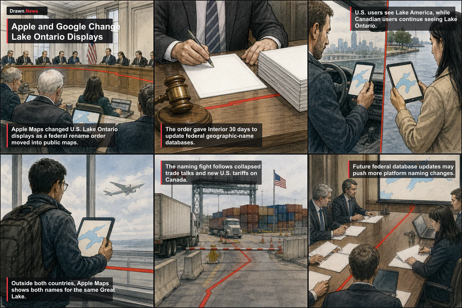 Drawn.News visual brief: Apple and Google Change Lake Ontario Displays as Trade Fight Hits Maps