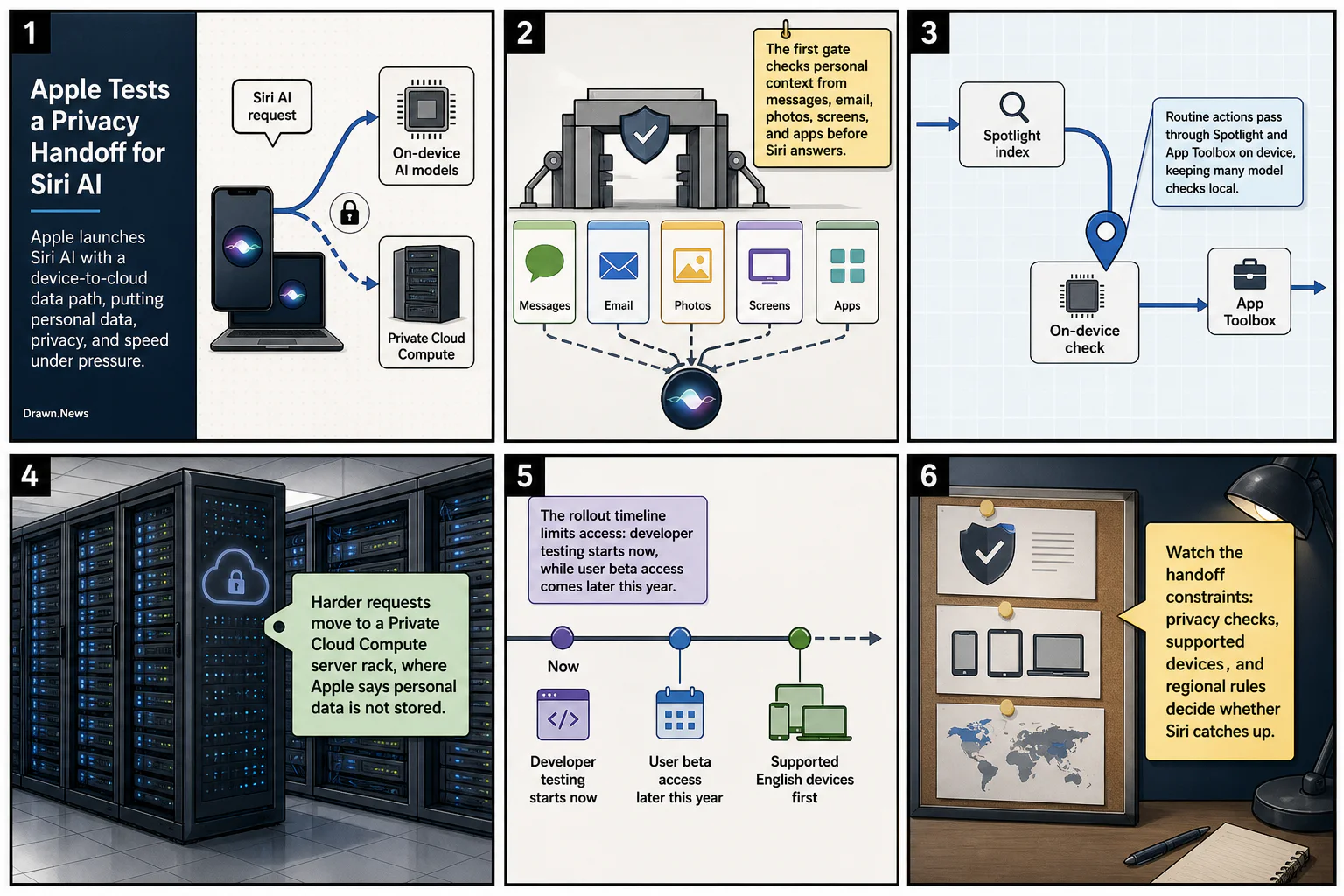 Drawn.News visual brief: Apple Tests a Privacy Handoff for Siri AI