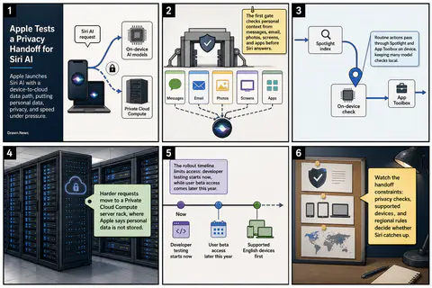 Drawn.News visual brief: Apple Tests a Privacy Handoff for Siri AI