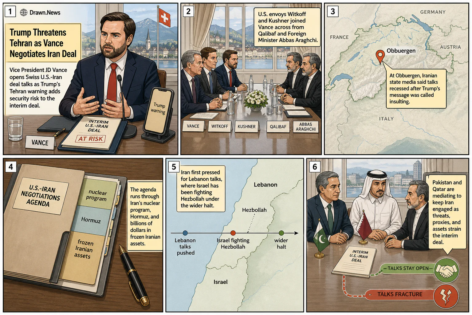 Drawn.News visual brief: Trump Threatens Tehran as Vance Negotiates Iran Deal
