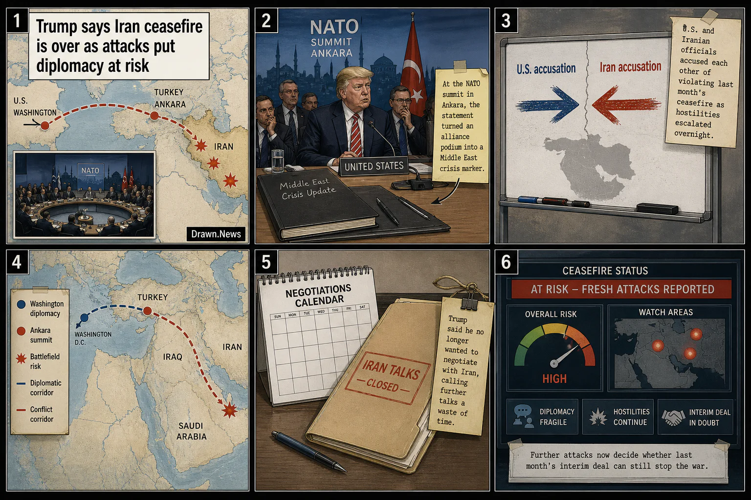 Drawn.News visual brief: Trump says Iran ceasefire is over as attacks put diplomacy at risk
