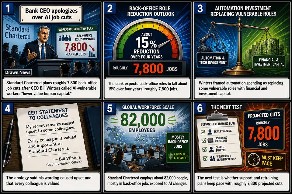 Drawn.News visual brief: Bank CEO apologizes over AI job cuts