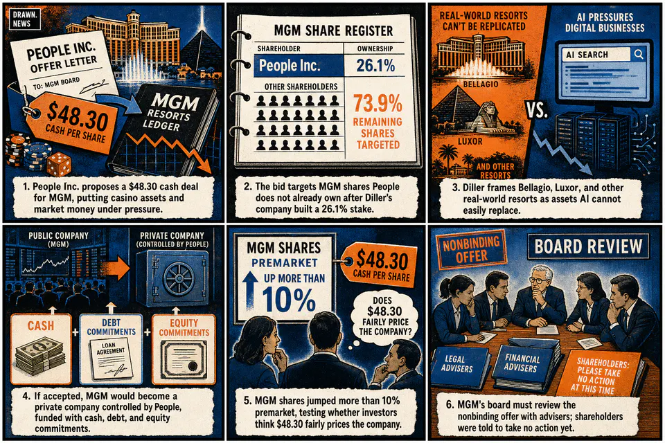 Drawn.News visual brief: Barry Diller's People Inc. offers to buy MGM Resorts