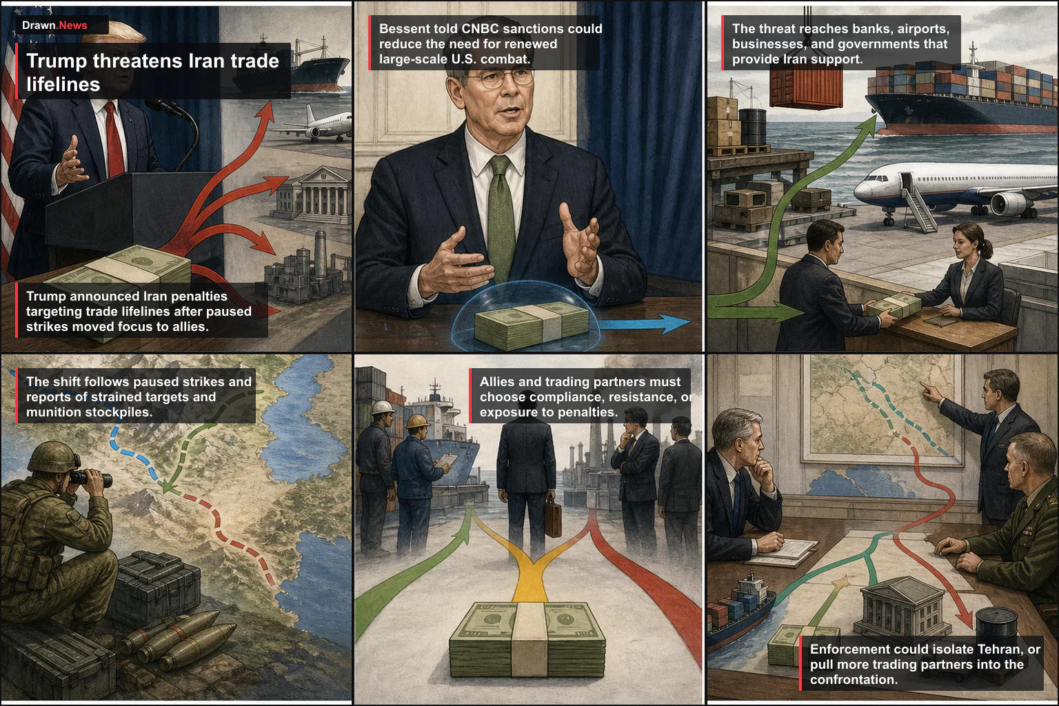 Drawn.News visual brief: Trump threatens Iran trade lifelines as sanctions replace strikes