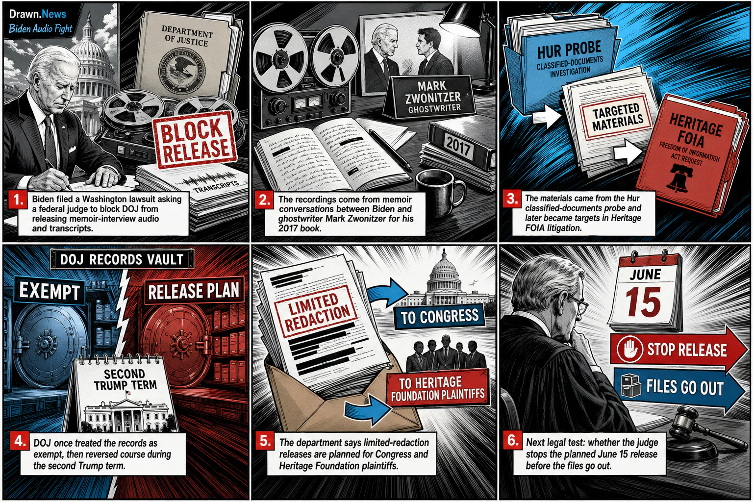 Drawn.News visual brief: Biden sues Justice Department to stop release of audio from interviews
