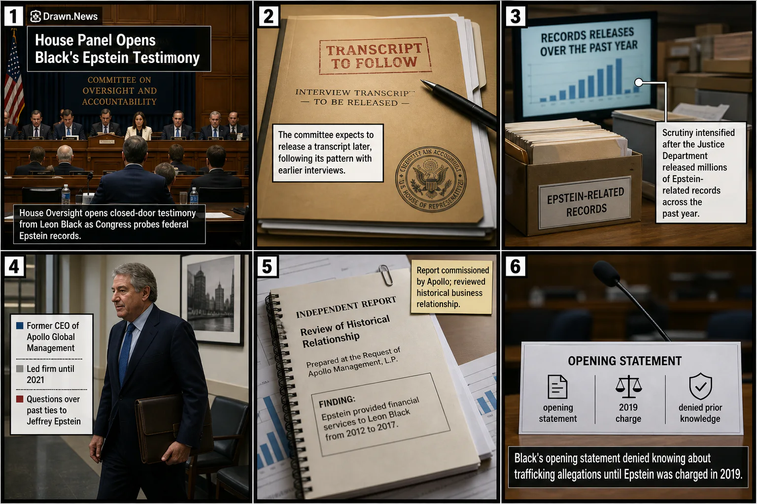 Drawn.News visual brief: Congress Questions Leon Black in Epstein Records Probe