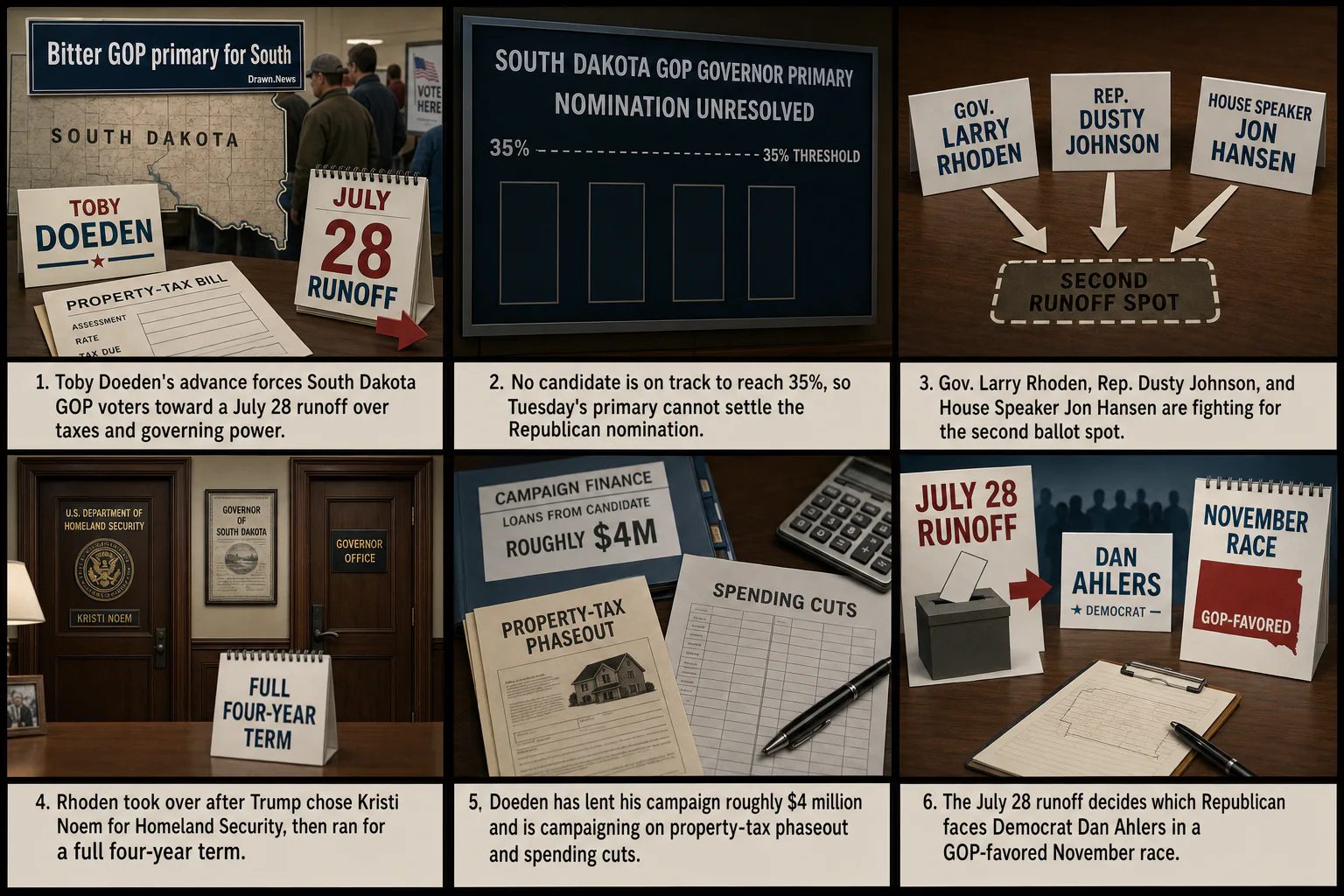 Drawn.News visual brief: Bitter GOP primary for South Dakota governor heads to runoff as Toby Doeden advances
