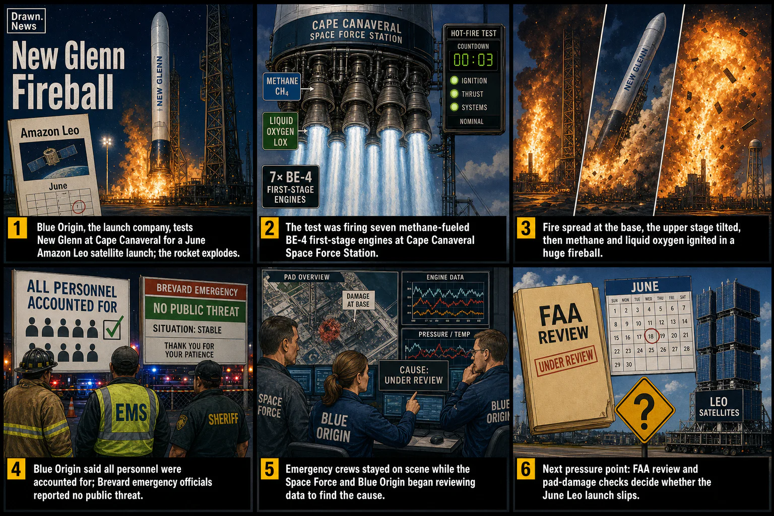 Drawn.News visual brief: Blue Origin rocket explodes on launch pad in Florida