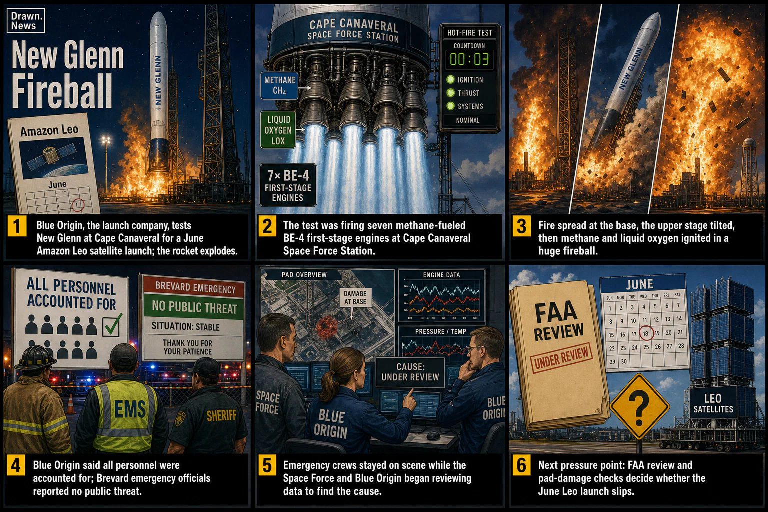 Drawn.News visual brief: Blue Origin rocket explodes on launch pad in Florida