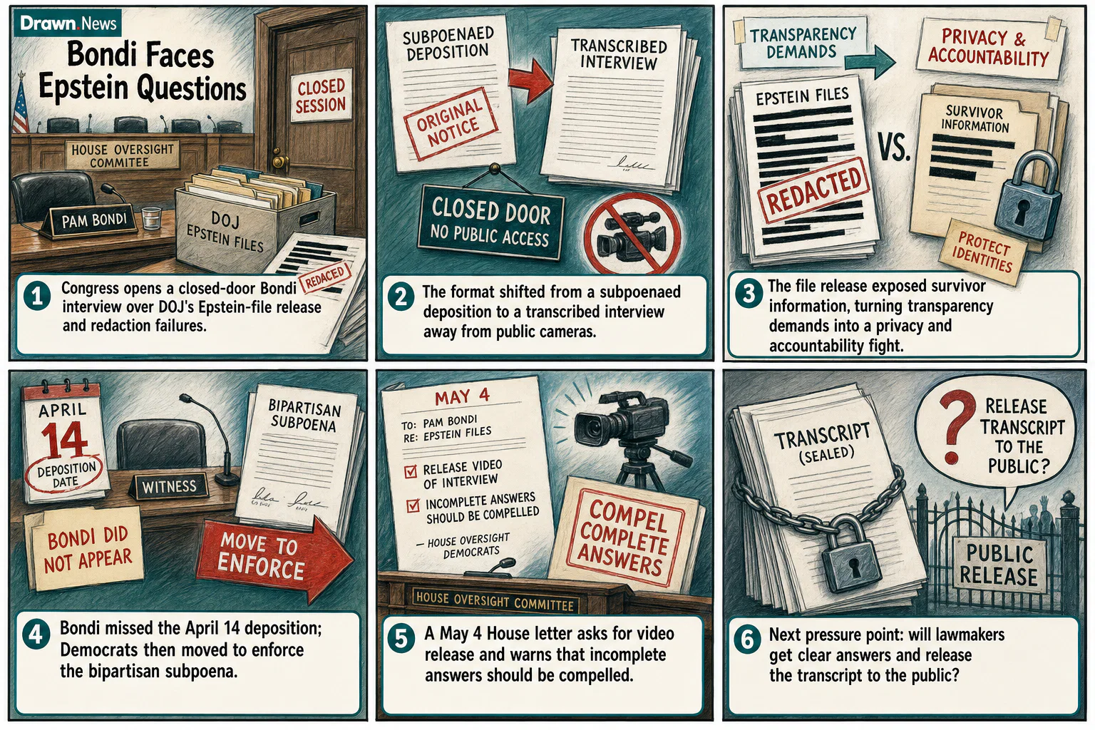 Drawn.News visual brief: Bondi Faces Epstein Questions