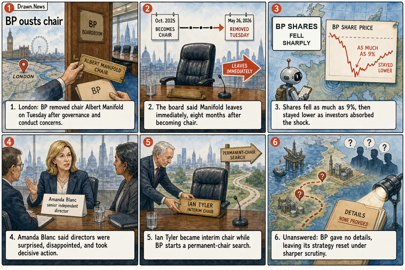 Drawn.News visual brief: BP removes board chair, citing "conduct" concerns