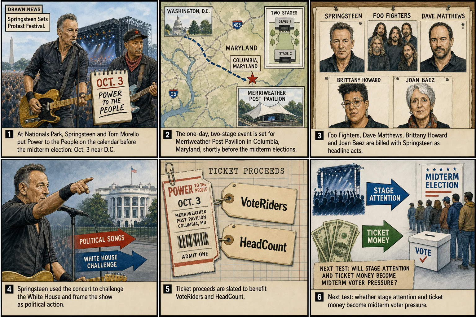 Drawn.News visual brief: Springsteen Sets Protest Festival