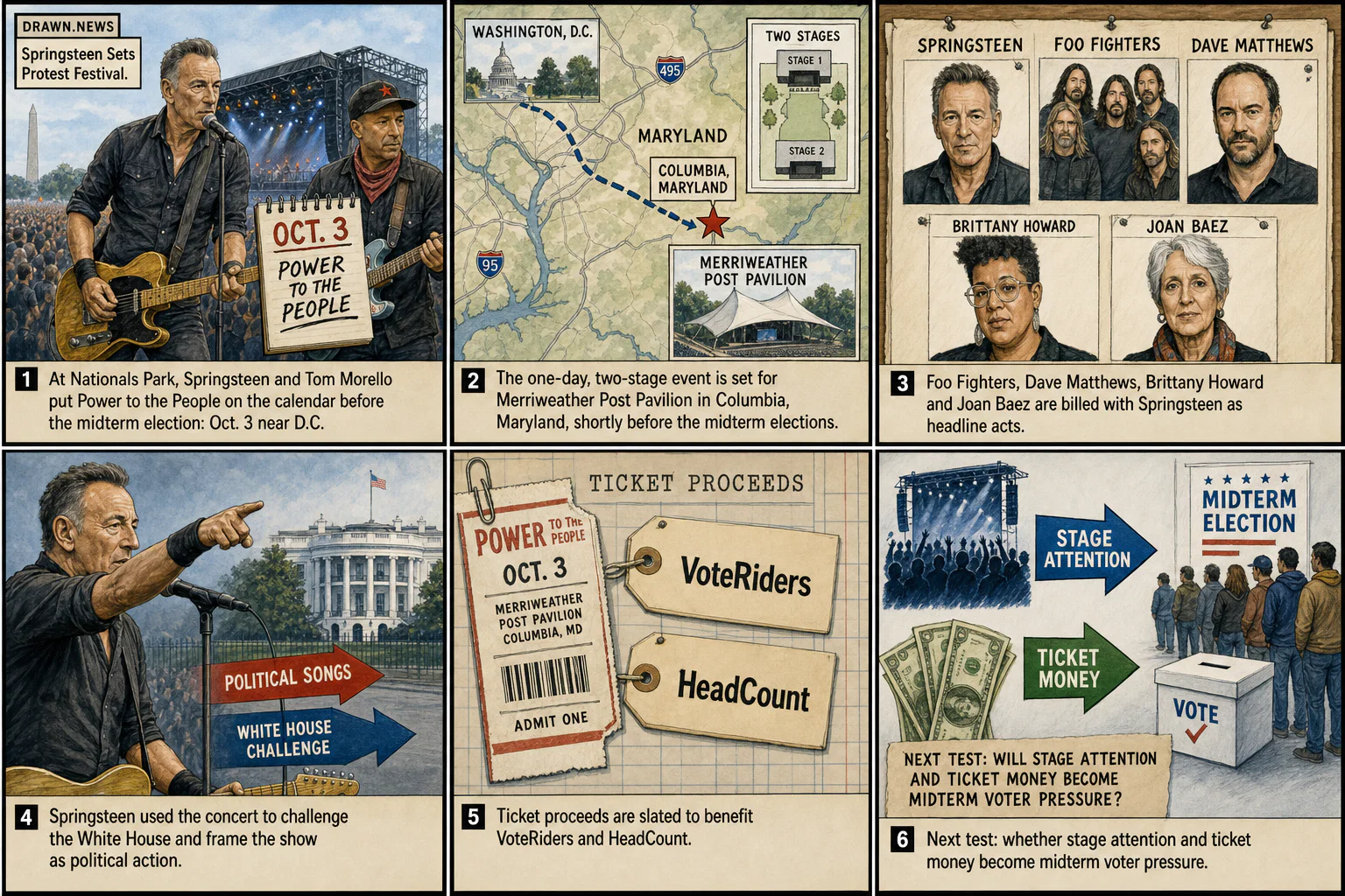 Drawn.News visual brief: Springsteen Sets Protest Festival