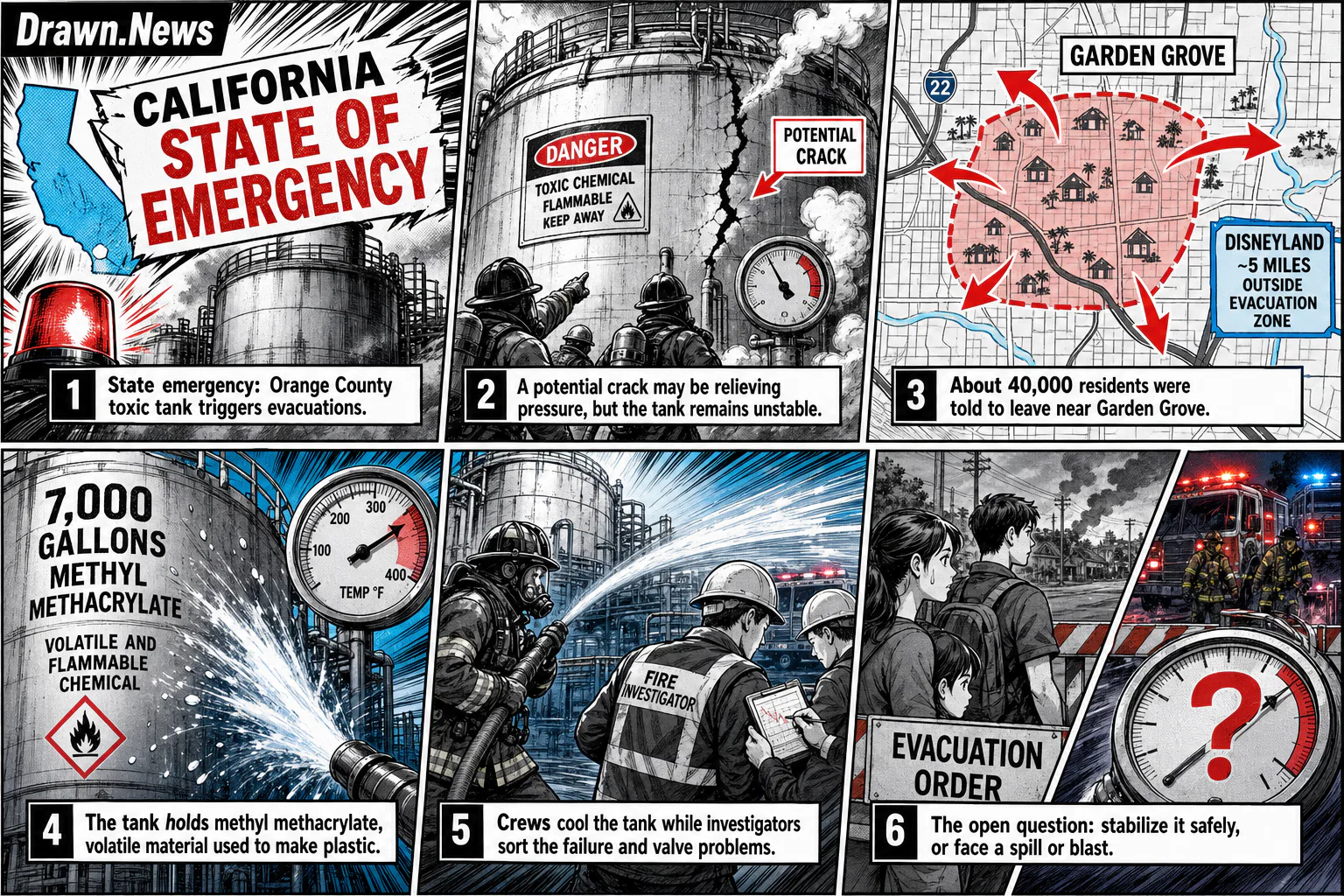 Drawn.News visual brief: California declares state of emergency after toxic leak threatens thousands of residents