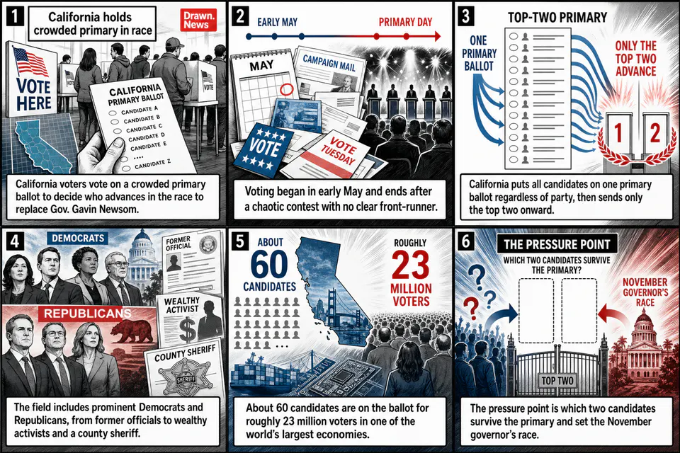 Drawn.News visual brief: California holds crowded primary in race to replace Gov. Gavin Newsom