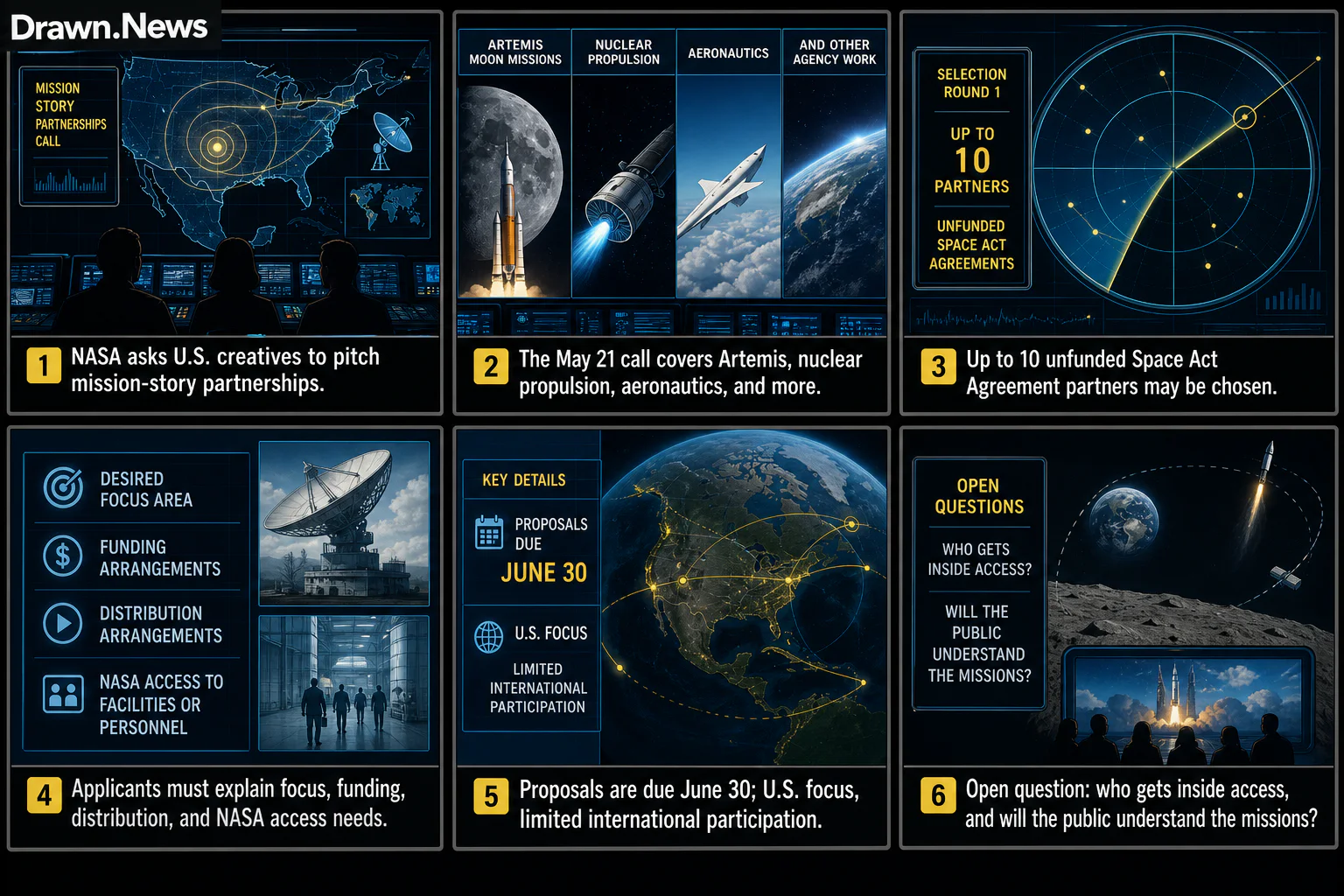 Drawn.News comic: Call for Creatives: NASA Seeks Help Illuminating Mission Storytelling