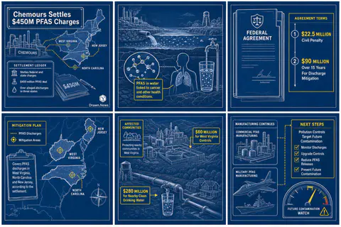 Drawn.News visual brief: Chemours to pay $450M in first federal "forever chemicals" settlement