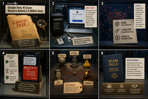 Drawn.News visual brief: Google Sues AI Scam Network Behind 2.5 Million Texts